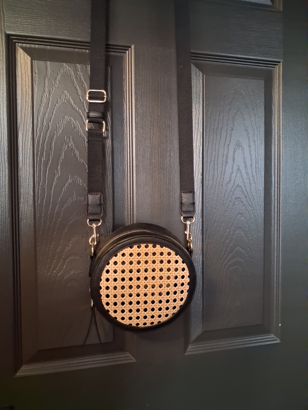Black Round Crossbody  Bag with Natural Woven Front And Back